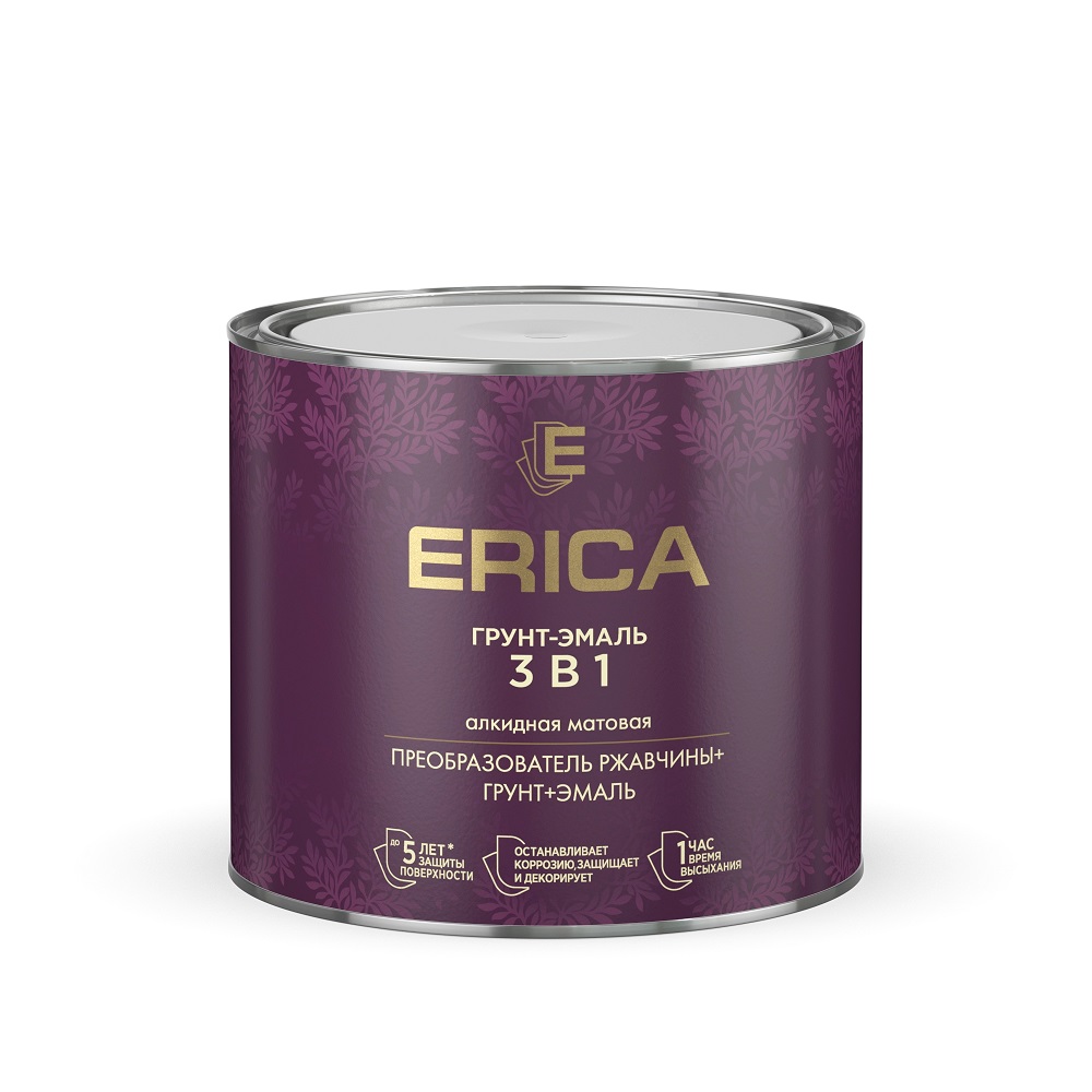 Грунт-эмаль 3 в 1 по ржавчине Erica матовая белая 1,8кг /6/