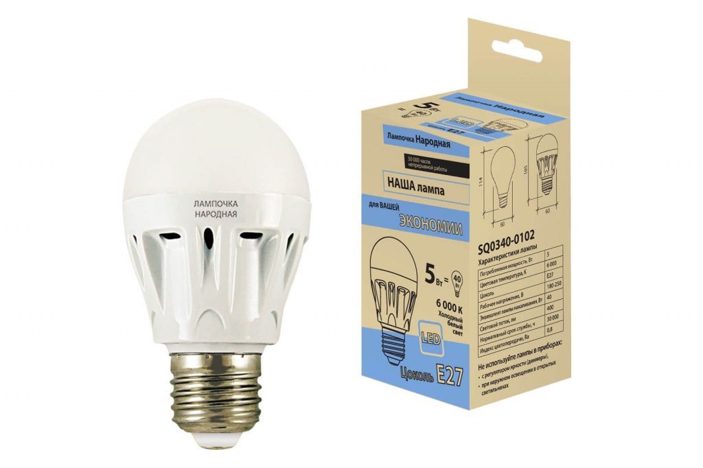Лампа НародНЛ-LED-A60 5Вт(40Вт)-6000К Е27/10/50 SQ0340-0102