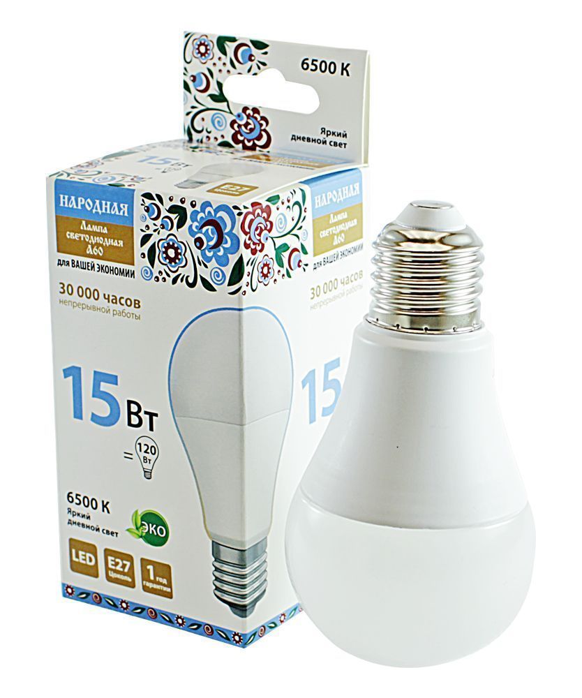 Лампа НародНЛ-LED-A60-15 Вт(230Вт)-6500К-Е27(60x112мм)/10/100